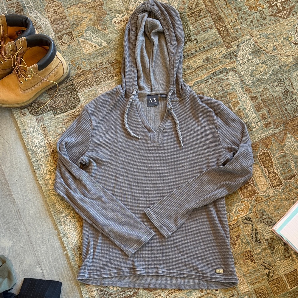 Armani Exchange (A|X) textured knit pullover hoodie in grey